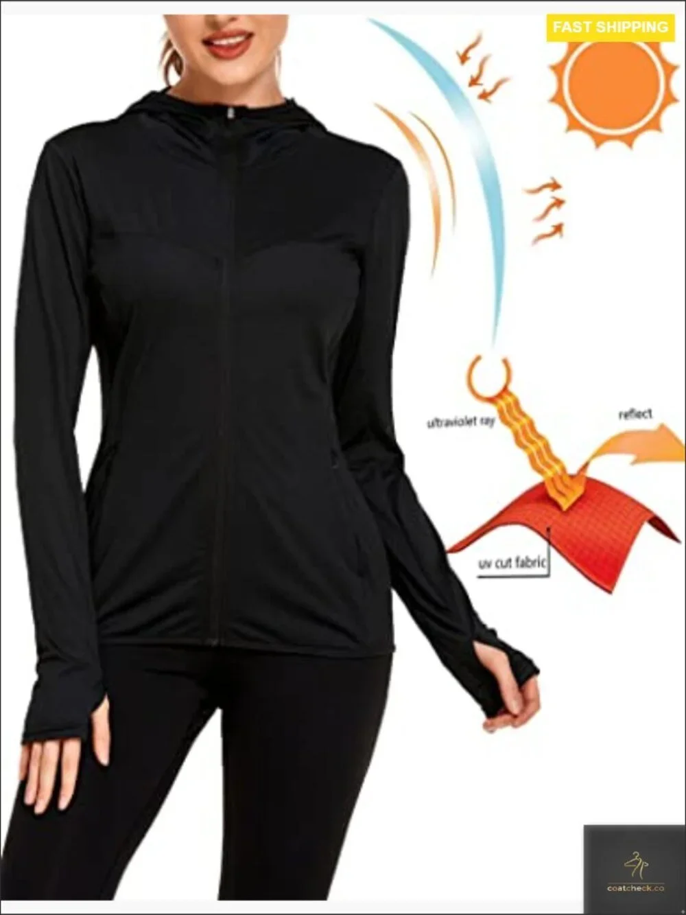 UPF 50+ Sun Protection Hoodie Jacket Long Sleeve Athletic Running Full Zip